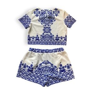 Blue and White 2 Piece Size L Women’s Set With Shorts and Crop Top Greek Design